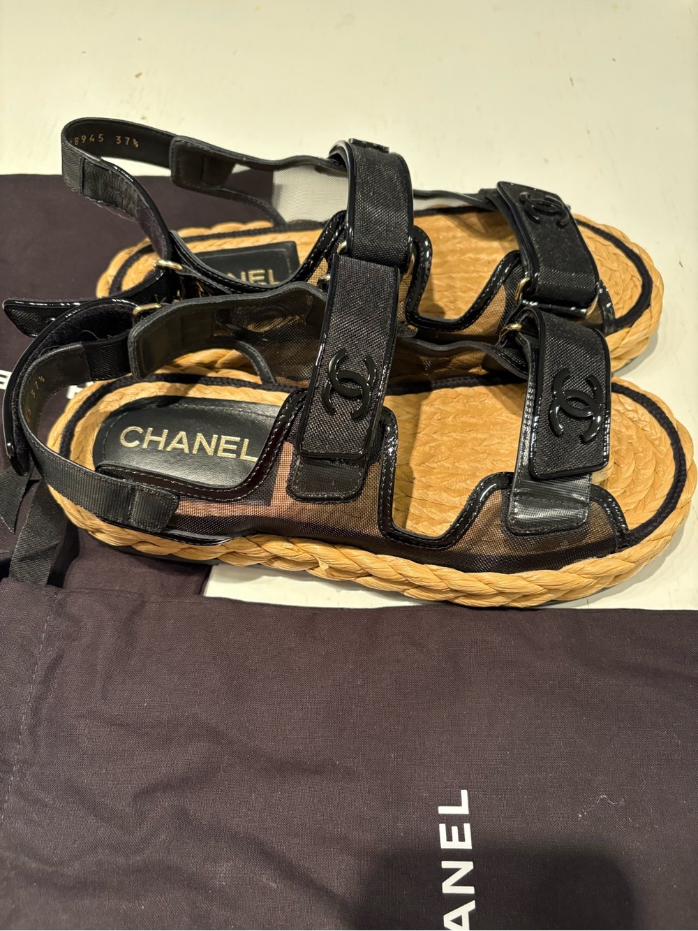 CHANEL Black Canvas and Natural Rope Espadrille Sandals - Picture 4 of 11